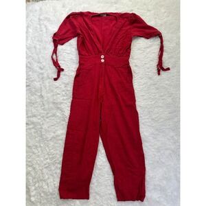 Rue Stiic Red Linen Jumpsuit Women's V Neck Casual Chic size‎ Medium